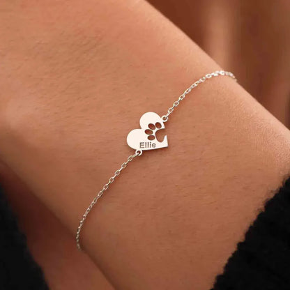 Pulseira em Pata e Coração com Nome Personalizada